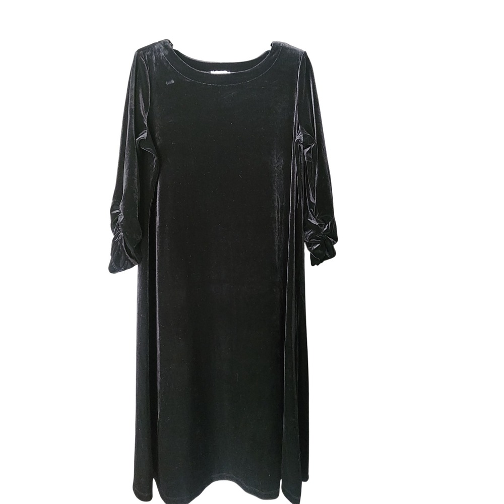 Susan Graver Velvet Midi Maxi Dress L Whimsey Goth Black Stretch Cinch Sleeve